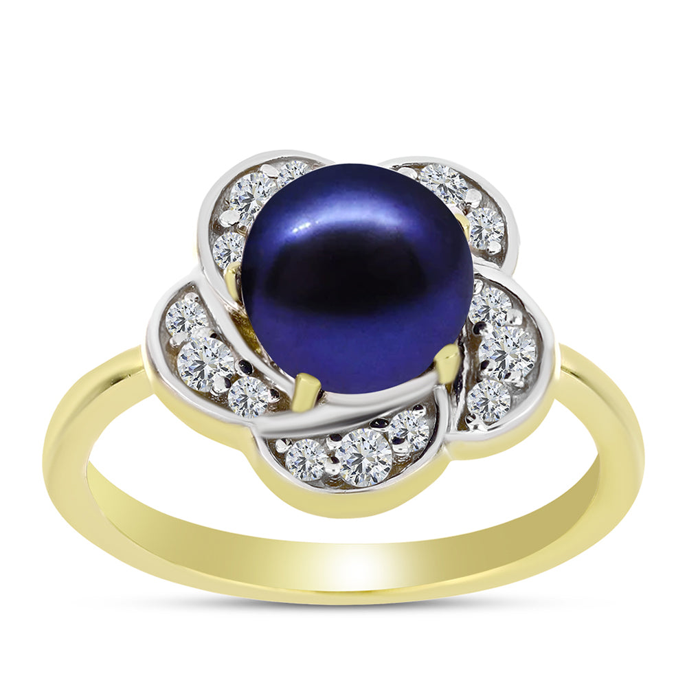 Inel din Argint 925 Placat cu Aur ( 3.34 grame ) cu Perlă de Cultură Neagră și Topaz Alb 3.47 Carate 3 