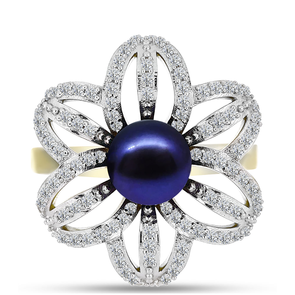 Inel din Argint 925 Placat cu Aur ( 5.54 grame ) cu Perlă de Cultură Neagră și Topaz Alb 3.67 Carate