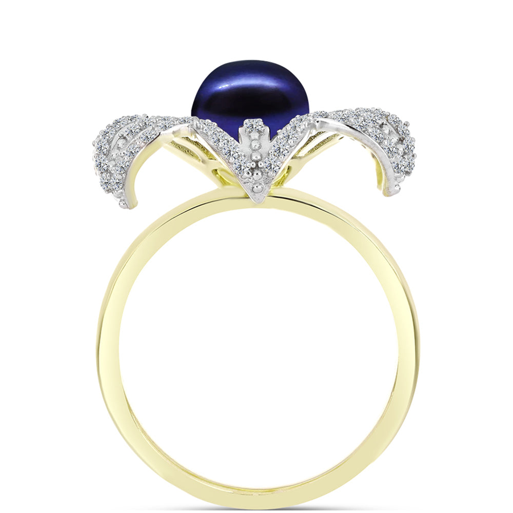 Inel din Argint 925 Placat cu Aur ( 5.54 grame ) cu Perlă de Cultură Neagră și Topaz Alb 3.67 Carate 2 