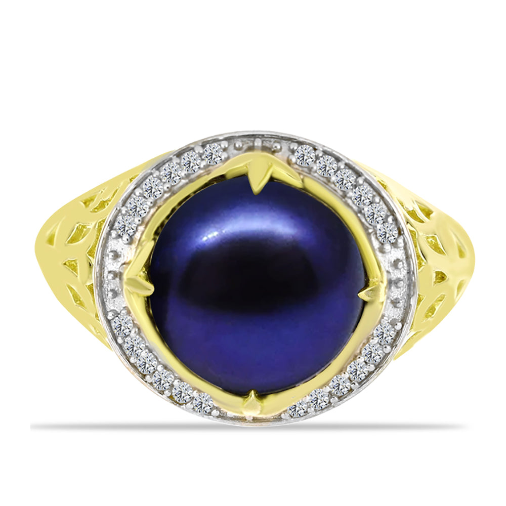 Inel din Argint 925 Placat cu Aur ( 2.75 grame ) cu Perlă de Cultură Neagră și Topaz Alb 5.88 Carate 1 