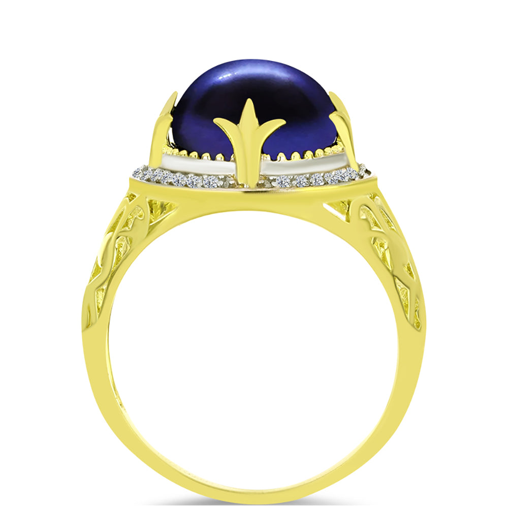 Inel din Argint 925 Placat cu Aur ( 2.75 grame ) cu Perlă de Cultură Neagră și Topaz Alb 5.88 Carate