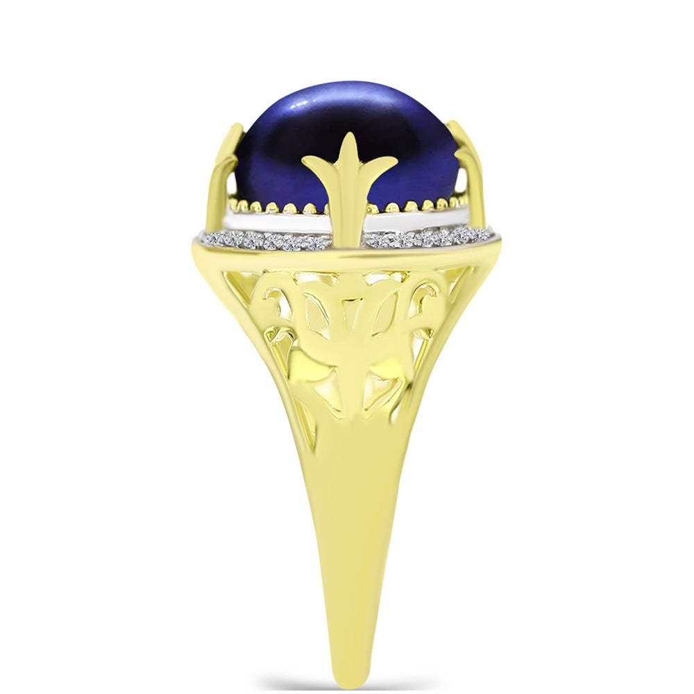 Inel din Argint 925 Placat cu Aur ( 2.75 grame ) cu Perlă de Cultură Neagră și Topaz Alb 5.88 Carate 4 
