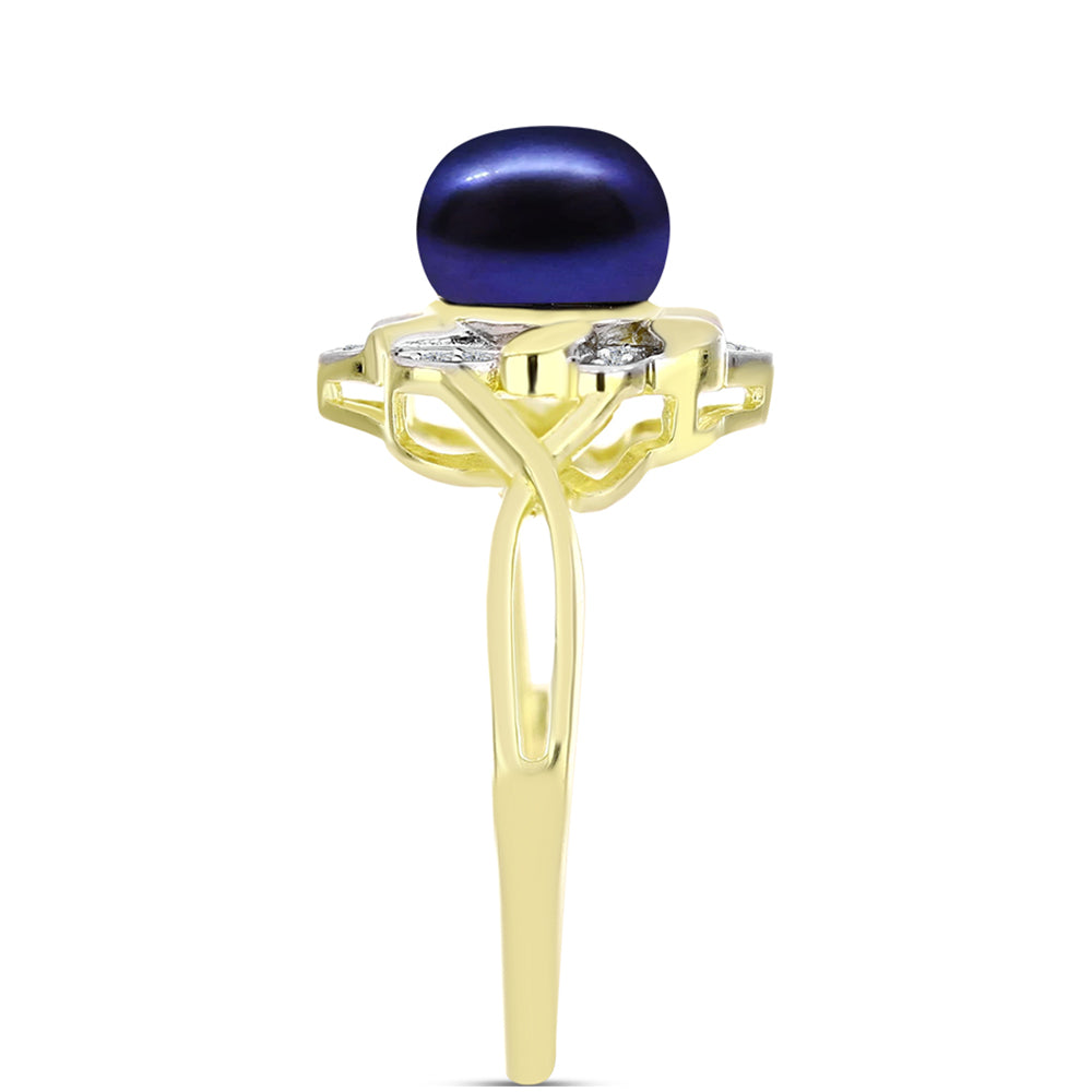 Inel din Argint 925 Placat cu Aur ( 3.58 grame ) cu Perlă de Cultură Neagră și Topaz Alb 3.22 Carate 4 