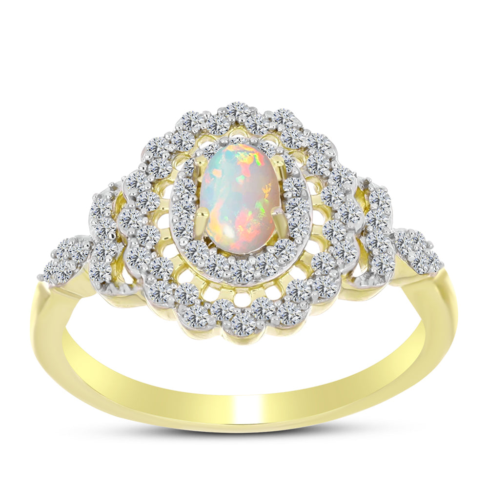 Inel din Argint 925 Placat cu Aur ( 2.96 grame ) cu Opal Welo și Topaz Alb 0.9 Carate 3 