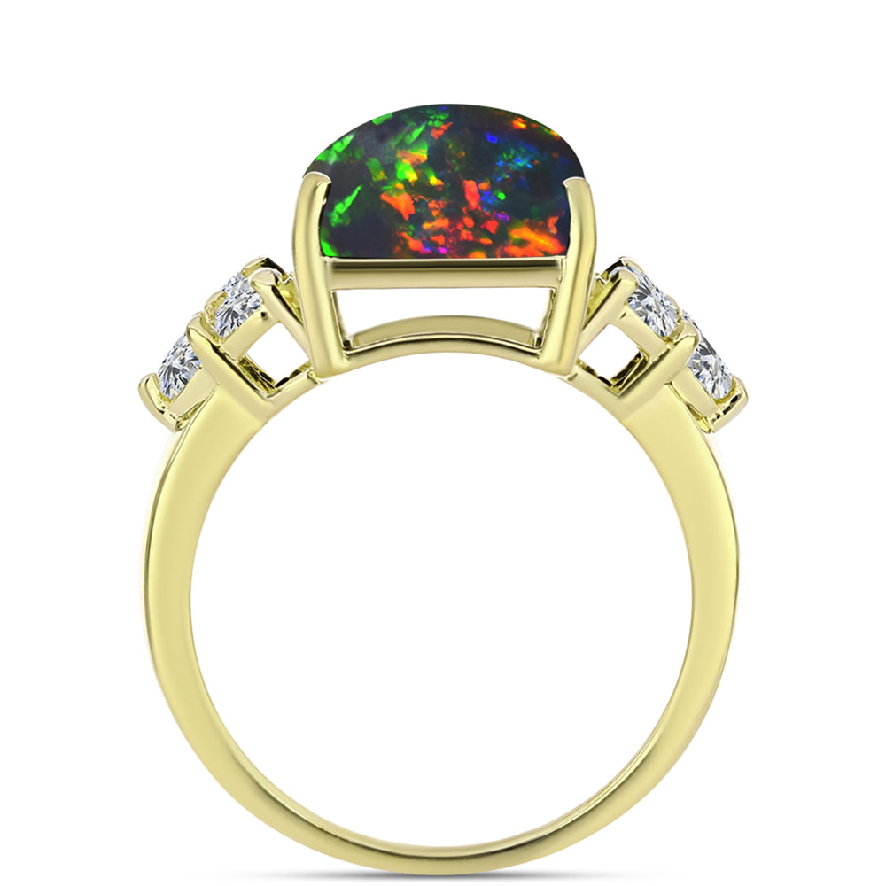 Inel din Argint 925 Placat cu Aur ( 3.52 grame ) cu Opal Etiopian Negru Lega Dembi și Topaz Alb 5.57 Carate