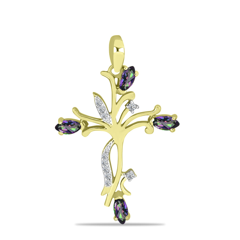 Cruce Pandantiv din Argint 925 Placat cu Aur ( 2.22 grame ) cu Topaz Mistic Verde și Topaz Alb 0.55 Carate 1 