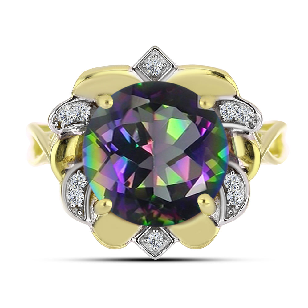 Inel din Argint 925 Placat cu Aur ( 4.14 grame ) cu Topaz Mistic Verde și Topaz Alb 6.03 Carate