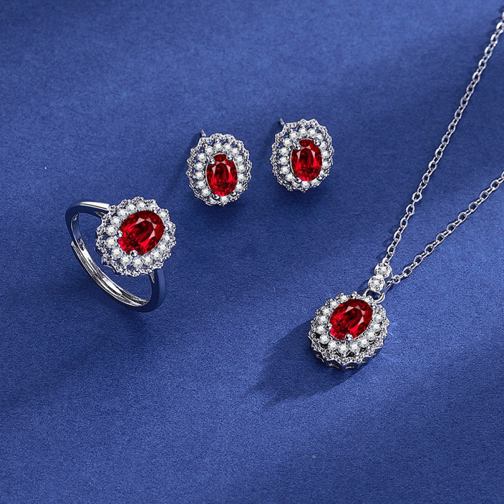 Set din Aliaj Placat cu Aur cu Cristal Roșu Emporia® și Cristal Alb Emporia® ( Colier+Cercei+Inel ) 1 