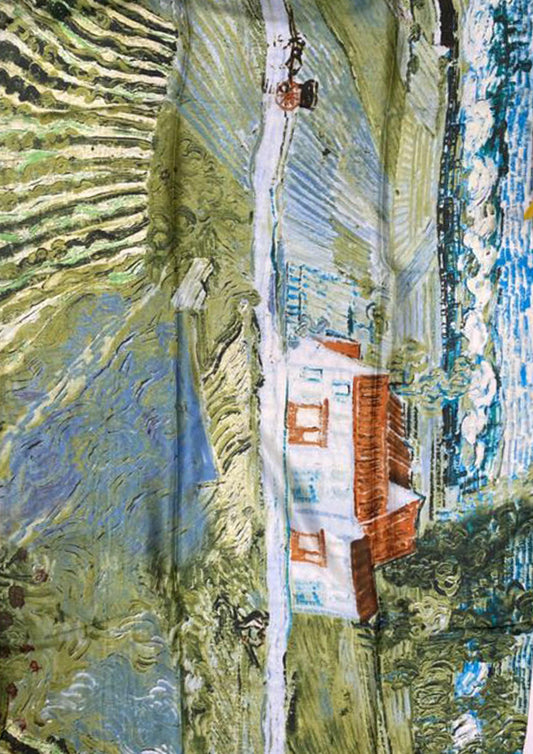 Eșarfă-Șal din Mătase 100% Autentică, 90cm x 180cm, Model Pictură Fermă, Verde - Bijuterii TV