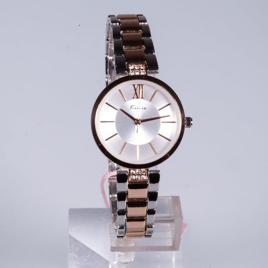 Ceas din Oțel Inoxidabil cu Cadran Alb, Curea Metalică din Aur și Argint și Zirconiu - Bijuterii TV