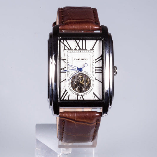 Ceas Automat din Oțel Inoxidabil,Curea din Piele Maro - Bijuterii TV