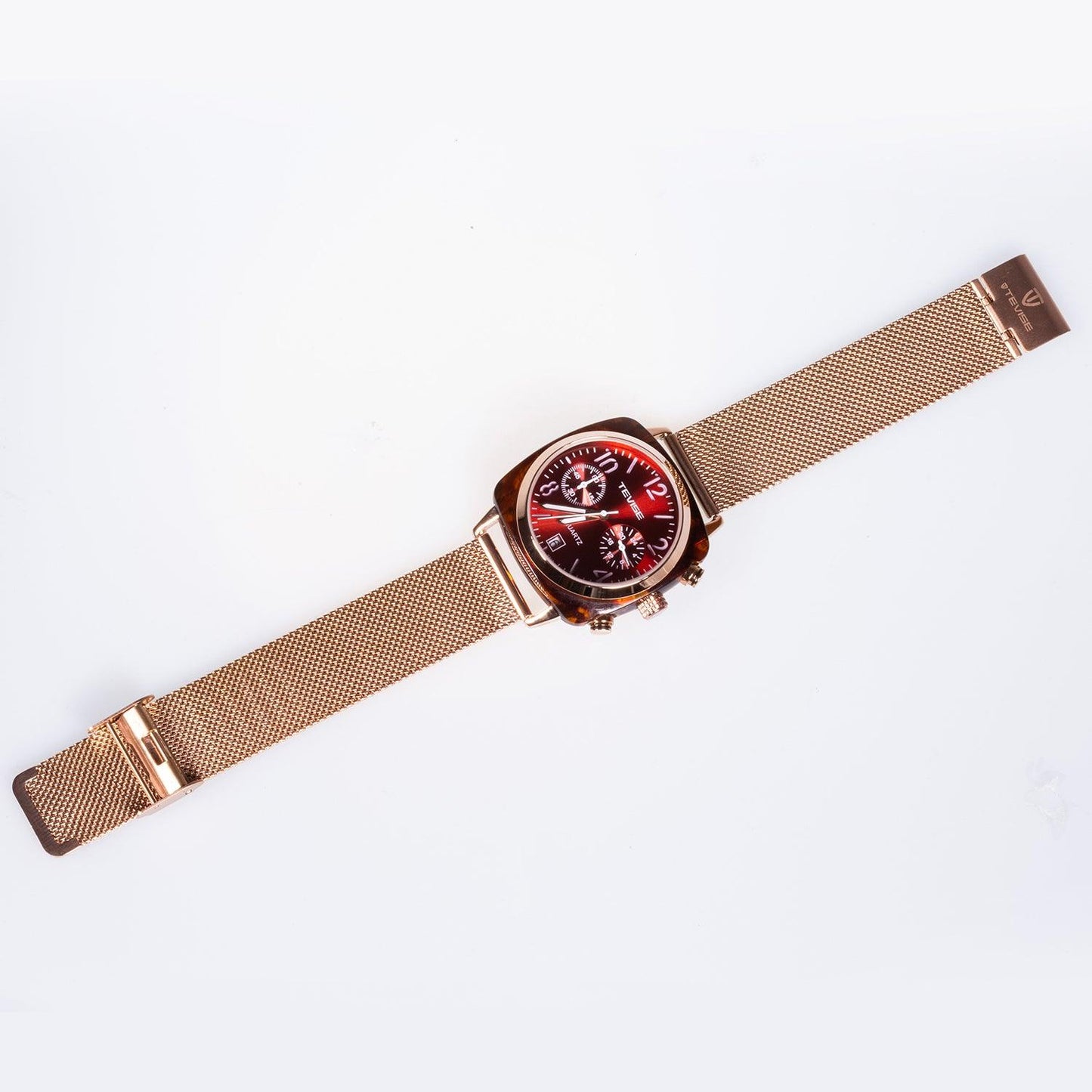Ceas din Oțel Inoxidabil cu Cronometru, Cadran Roșu și Curea din Metal Auriu - Bijuterii TV