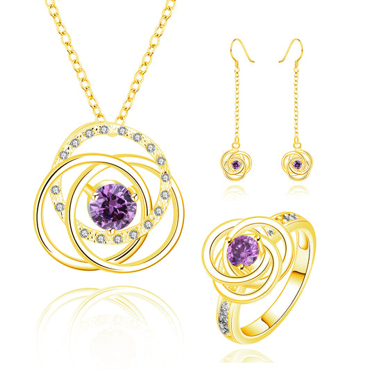 Set din Aliaj Placat cu Aur cu Cristal Violet Emporia® ( Colier+Cercei+Inel )