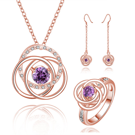 Set din Aliaj Placat cu Aur cu Cristal Violet Emporia® ( Colier+Cercei+Inel )