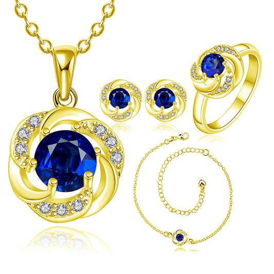 Set din Aliaj Placat cu Aur cu Cristal Albastru Emporia® ( Colier+Cercei+Brățară+Inel )