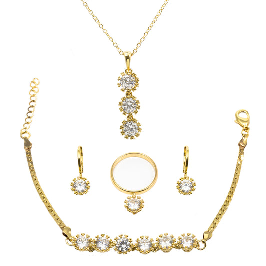 Set din Aliaj Placat cu Aur cu Cristal Alb Emporia® ( Colier+Cercei+Brățară+Inel )