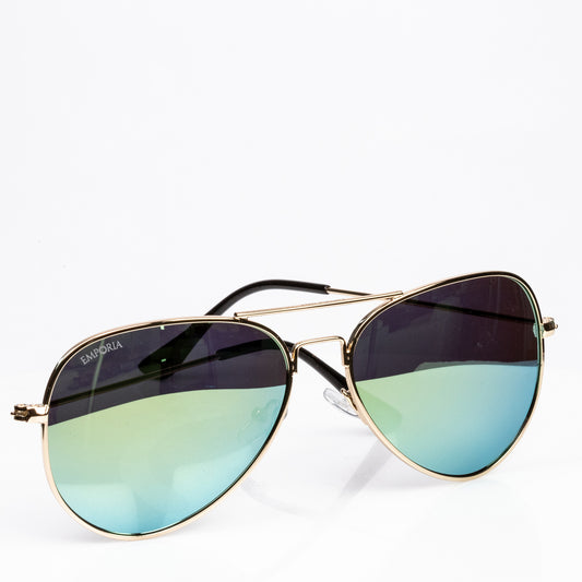 Emporia Italy - Ochelari de Soare polarizați, seria Aviator "JUNGLE", cu husă și lavetă de curățare, lentile galben-verzi, ramă aurie.