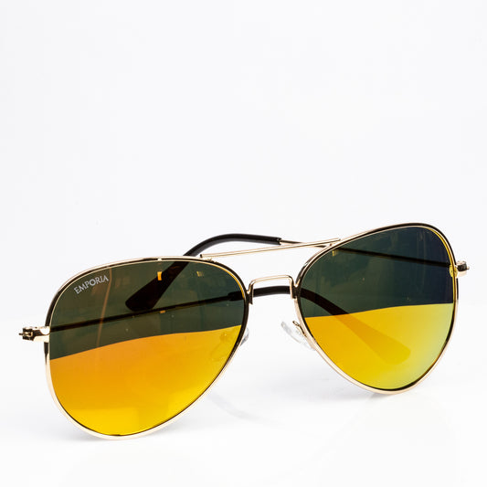 Emporia Italy - Ochelari de Soare polarizați, seria Aviator "SUNBURST", cu husă și lavetă de curățare, lentile portocalii, ramă aurie.