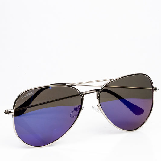 Emporia Italy - Ochelari de Soare polarizați, seria Aviator "LAGUNA", cu husă și lavetă de curățare, lentile albastre-violet, ramă argintie.
