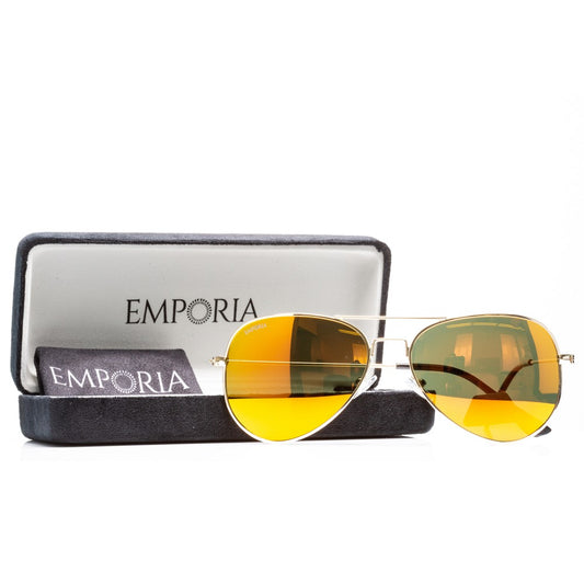 Emporia Italy - Ochelari de Soare polarizați, seria Aviator "SUNBURST", cu husă și lavetă de curățare, lentile portocalii, ramă aurie.