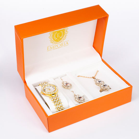 Set de bijuterii Emporia din 5 piese, de calitate superioară, cu ceas, lanț, pandantiv, cercei și inel, într-o cutie de cadou exclusivistă cu efect de piele