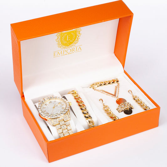 Set de Bijuterii Emporia din 5 piese, de calitate superioară, cu ceas, colier, brățară, cercei și inel, într-o cutie de cadou exclusivistă cu efect de piele