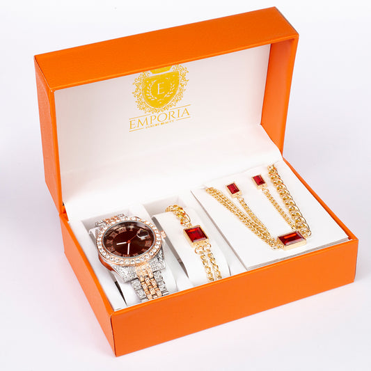 Set de Bijuterii Emporia din 4 piese, de calitate superioară, cu ceas, colier, brățară și cercei, într-o cutie de cadou exclusivistă cu efect de piele