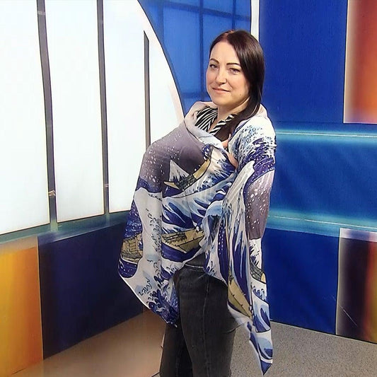 Eșarfă-Șal din Bumbac, 70 cm x 180 cm, Hokusai's - Great Wave Frayed - Bijuterii TV