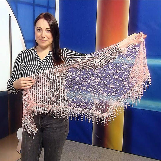 Eșarfă-Șal Triunghiulară 45 cm x 45 cm x 170 cm cu Model Floral Lucios, Piersică - Bijuterii TV