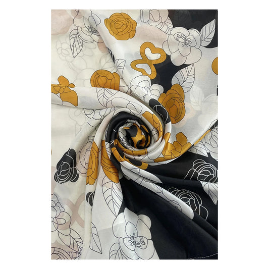 Eșarfă de mătase 100% cu imprimeu de flori retro - portocalie, 90x180 cm