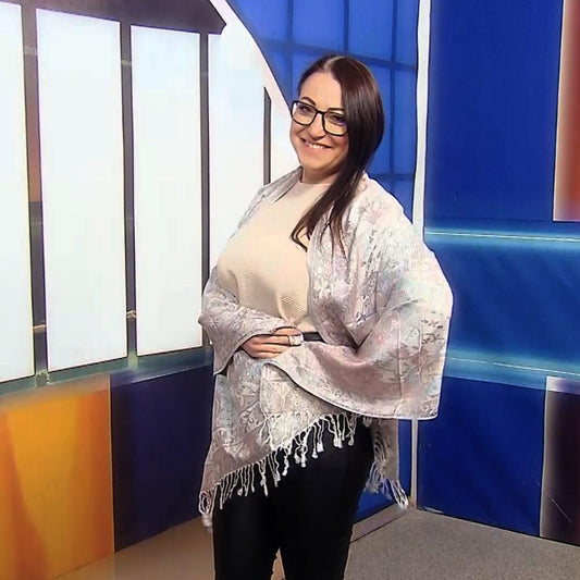 Eșarfă-Șal 100% Cașmir Pashmina Autentic, 70 cm x 180 cm, Roz și Alb Strălucitor - Bijuterii TV