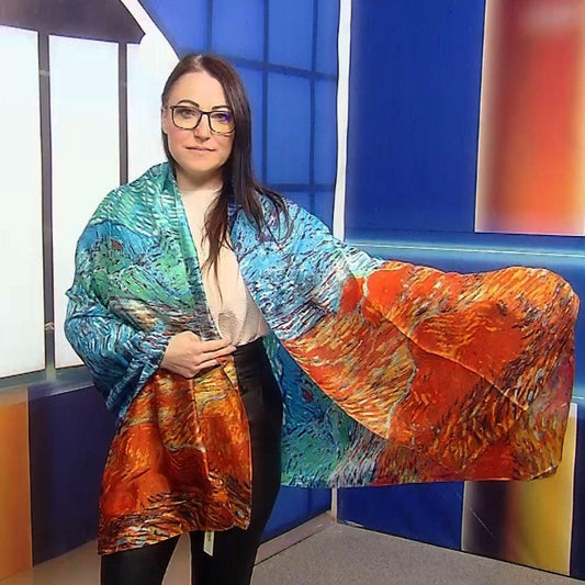 Eșarfă-Șal din Mătase 100% Autentică, 90cm x 180cm, Model Apus de Soare - Bijuterii TV