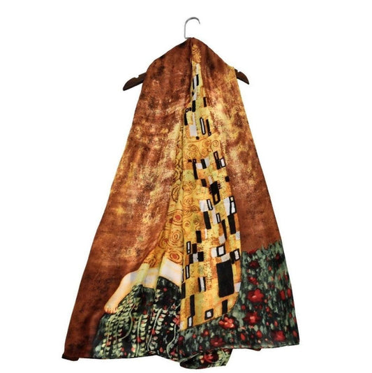Eșarfă-Șal din Mătase 100% Autentică, 90cm x 180cm, Model de pictură Klimt - The Kiss - Bijuterii TV