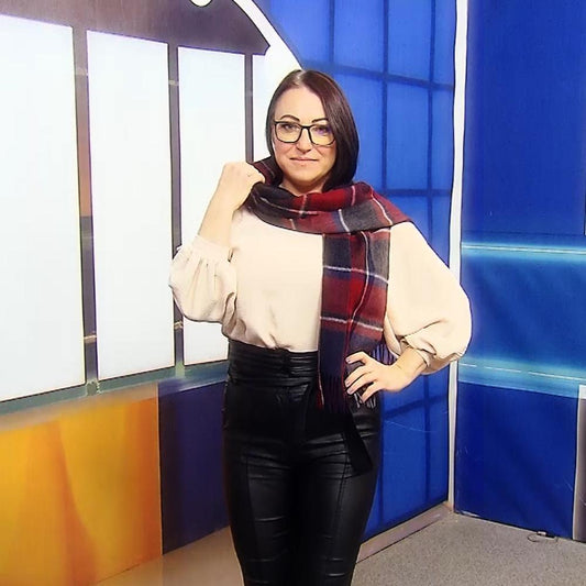 Eșarfă 100% Lână Autentică, 30 cm x 165 cm, Model Carouri cu Roșu Burgund - Bijuterii TV