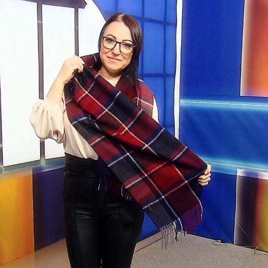 Eșarfă 100% Lână Autentică, 30 cm x 165 cm, Model Carouri cu Roșu Burgund - Bijuterii TV