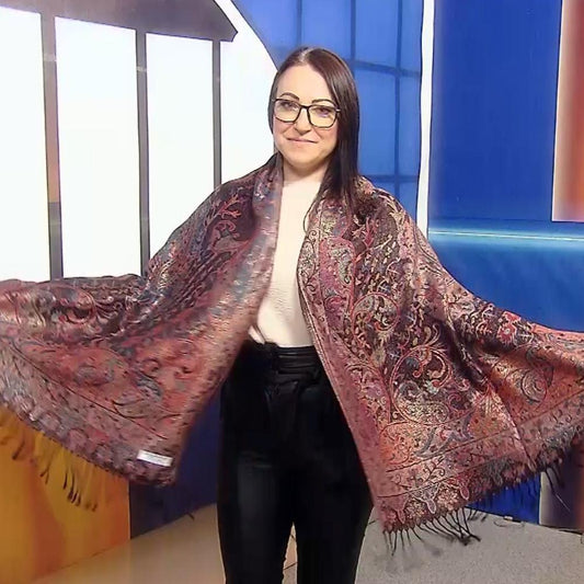 Eșarfă-Șal 100% Cașmir Pashmina Autentic, 70 cm x 180 cm, Negru Multicolor - Bijuterii TV