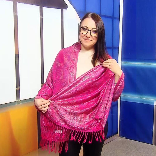 Eșarfă-Șal 100% Cașmir Pashmina Autentic, 70 cm x 180 cm, Roz Strălucitor Fucsia - Bijuterii TV