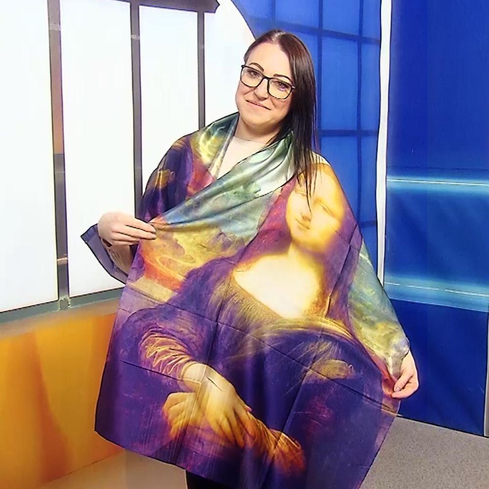 Eșarfă-Șal de Mătase, 70 cm x 180 cm, Model Leonardo Da Vinci - Mona Lisa - Bijuterii TV