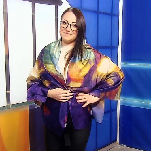 Eșarfă-Șal de Mătase, 70 cm x 180 cm, Model Leonardo Da Vinci - Mona Lisa - Bijuterii TV
