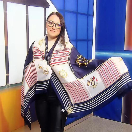 Eșarfă-Șal de mătase, 90 cm x 180cm, Model cu Ancoră și Cârmă - Bijuterii TV