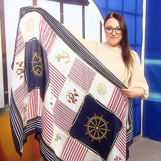 Eșarfă-Șal de mătase, 90 cm x 180cm, Model cu Ancoră și Cârmă - Bijuterii TV