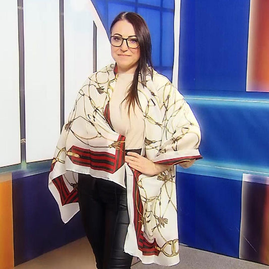 Eșarfă-Șal din Mătase 100% Autentică, 90 cm x 180 cm, Crem cu Model Lanț Auriu - Bijuterii TV