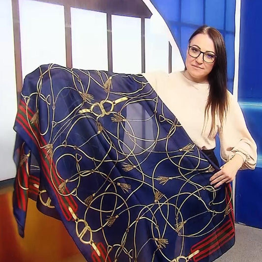 Eșarfă-Șal din Mătase 100% Autentică, 90 cm x 180 cm, Albastru Închis cu Model Lanț Auriu - Bijuterii TV