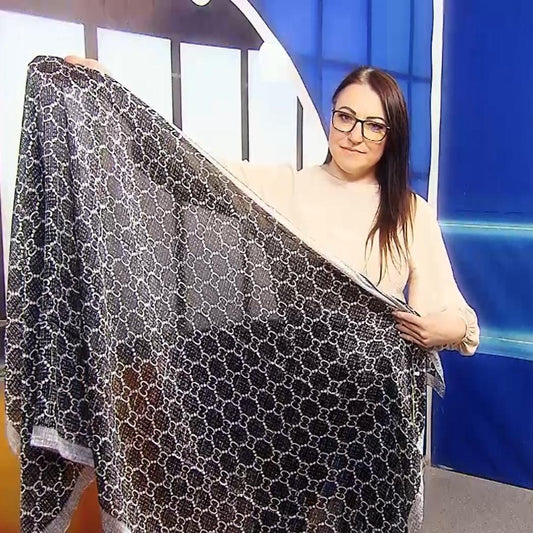 Eșarfă-Șal din Mătase 100% Autentică, 90cm x 180cm, Gri cu Model Lanț - Bijuterii TV