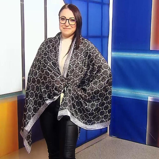 Eșarfă-Șal din Mătase 100% Autentică, 90cm x 180cm, Gri cu Model Lanț - Bijuterii TV