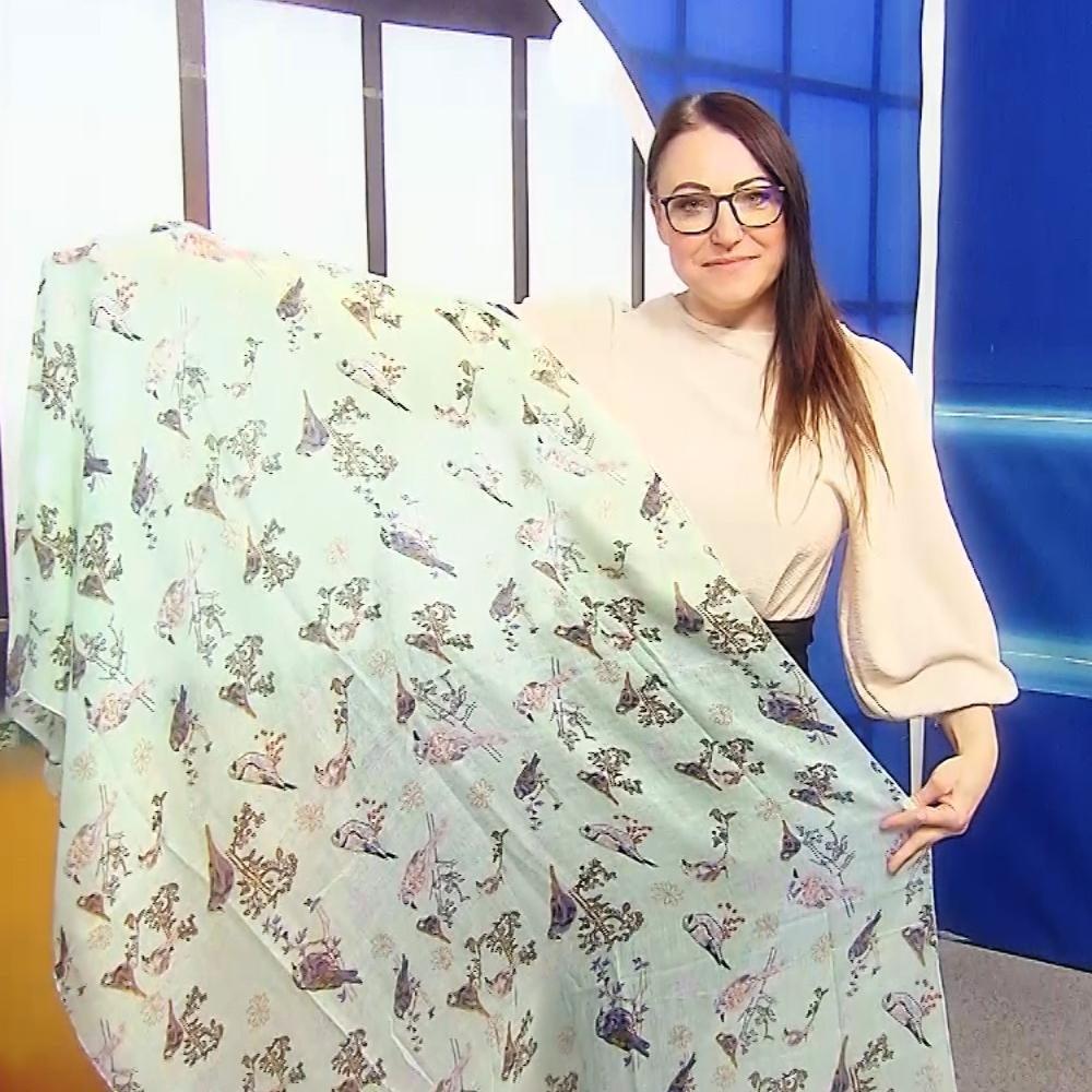 Eșarfă-șal, 90 cm x 180 cm, Verde Mentă cu Model Vrabie și Floral - Bijuterii TV