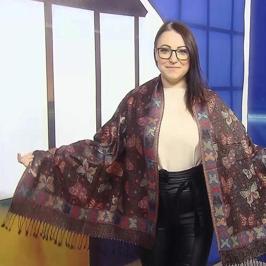 Eșarfă-Șal 100% Cașmir Pashmina Autentic, 70 cm x 170 cm, Model Fluture Negru Lucios - Bijuterii TV