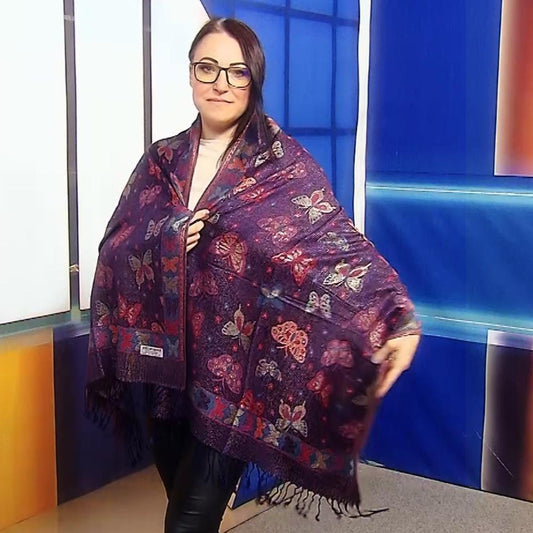 Eșarfă-Șal 100% Cașmir Pashmina Autentic, 70 cm x 170 cm, Model Fluture, Albastru Închis Navy Lucios - Bijuterii TV