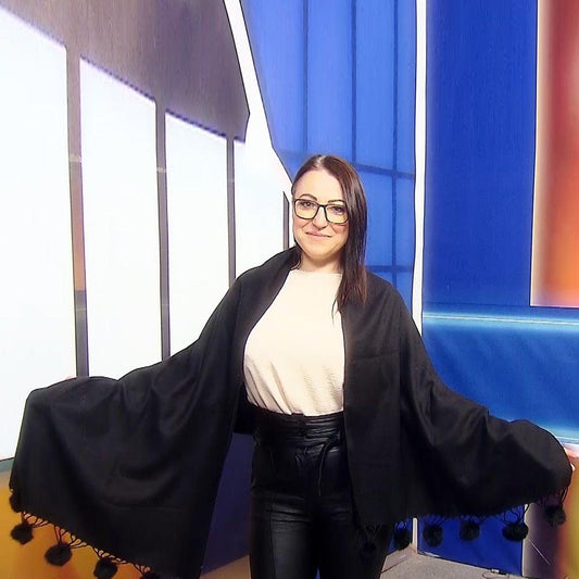 Eșarfă-Șal, 60 cm x 170 cm, cu Pompoane din Blană Naturală, Neagră - Bijuterii TV