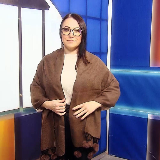 Eșarfă-Șal, 60 cm x 170 cm, cu Pompoane din Blană Naturală, Maro - Bijuterii TV